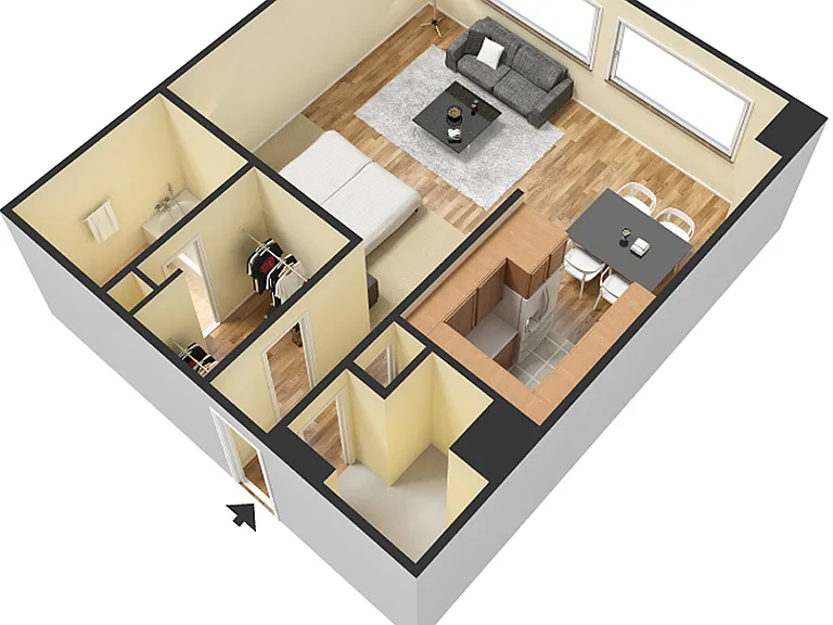 Efficiency with 1 Bath, 3D image, showing possible furniture placement. Efficiency with 1 Bath, 3D image, showing possible furniture placement.
