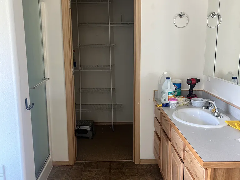 main bathroom sink, shower and closet