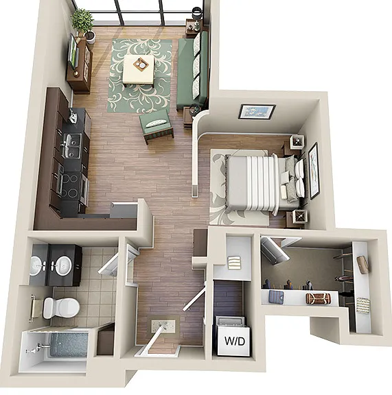 571-606 square foot studio apartment with 1 bath and luxury vinyl tile floors