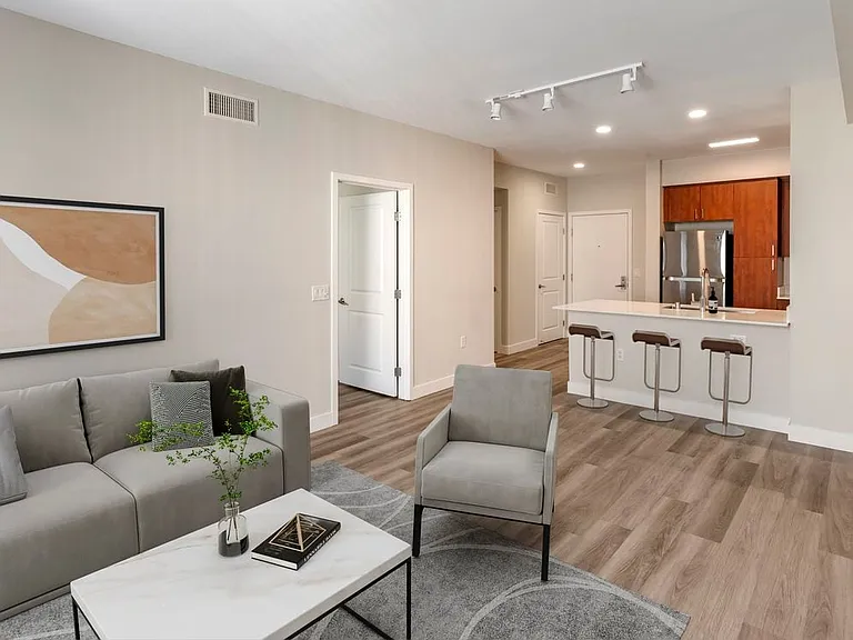 Renovated Package I kitchen, living and dining areas with hard surface flooring