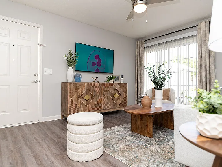 Spacious living room with hardwood-style flooring