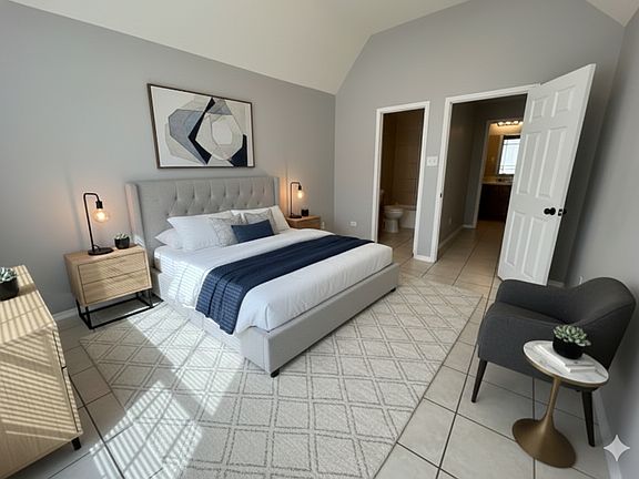 Primary bedroom with bathroom. Virtual staging.