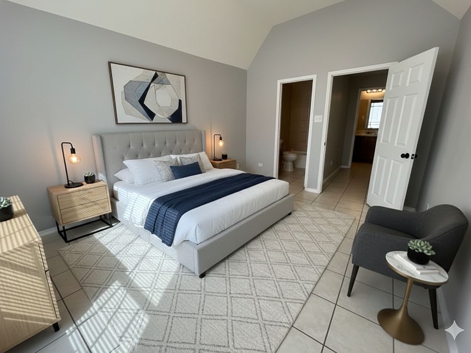 Primary bedroom with bathroom. Virtual staging.