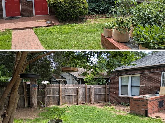 Three views of the fenced in backyard. With back doors showing to both duplexes.