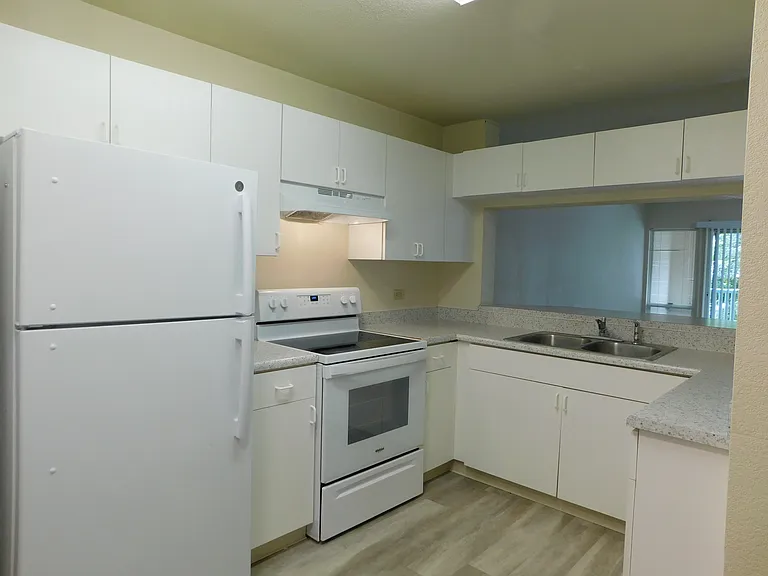 Refrigerator, smooth-top range, disposal, new range hood. New undercounter light. Newer vinyl plank floor, kitchen countertop and drawers/doors.
