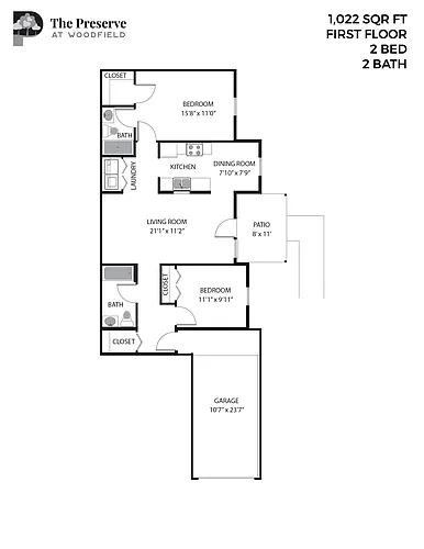 Floor plan 2 Bedroom 2 Bath (1022 Sq. Ft.)