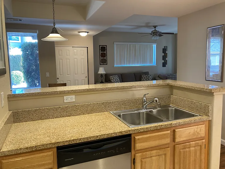 Kitchen dishwasher and sink. Brand new garbage disposal under left sink.