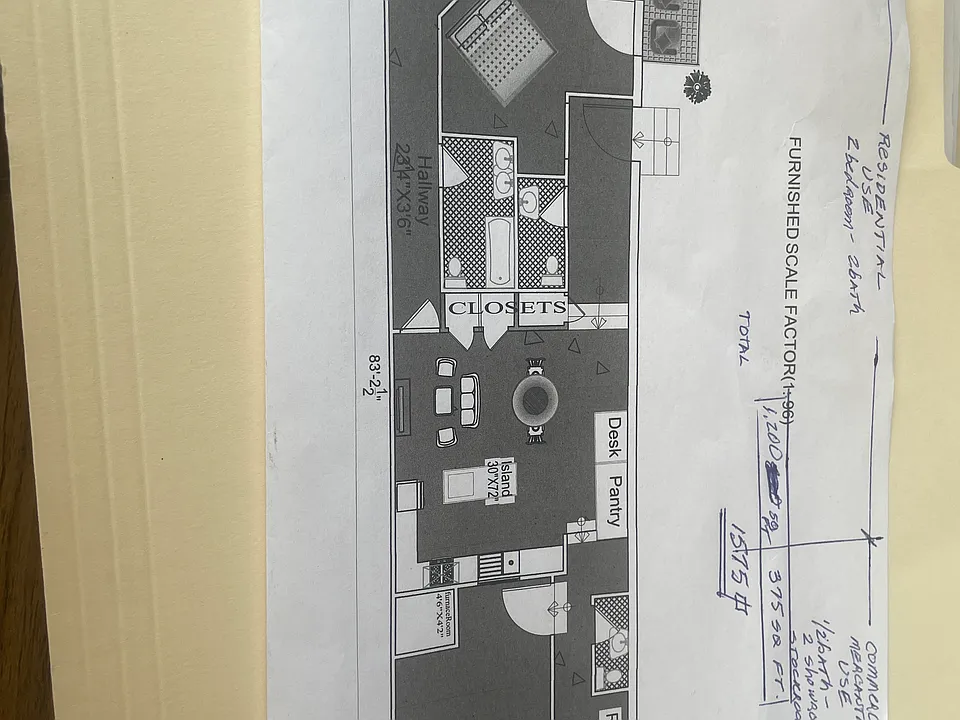 Floor plan- 9 room 2 bedroom upscale apartment with mercantile/ shop space -375sf-total 1575sf