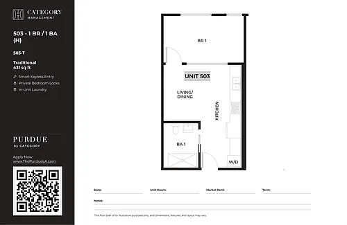 Floor plan 503 - 1BR / 1BA (H)