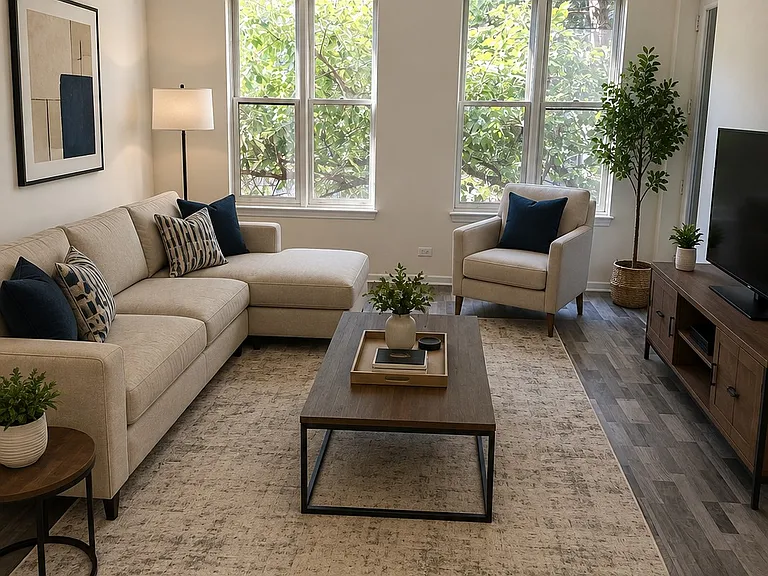 Staged Living Room. This Flooring was installed 8/6/26; and 2" cordless blinds are being installed on all windows.