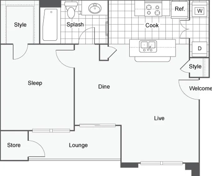 1 Bed 1 Bath B Floorplan Diagram