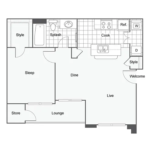 Floor plan 1 Bed 1 Bath B