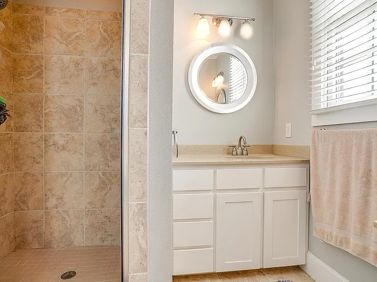 Separate shower with dual sinks