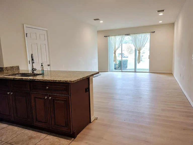 Kitchen island and living room