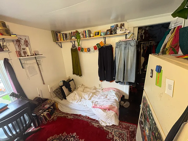 example arrangement - sleeping area with bed along closet wall
note the shelves for smaller items.