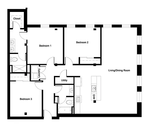 Floor plan Three-Bedroom Two-Bathroom
