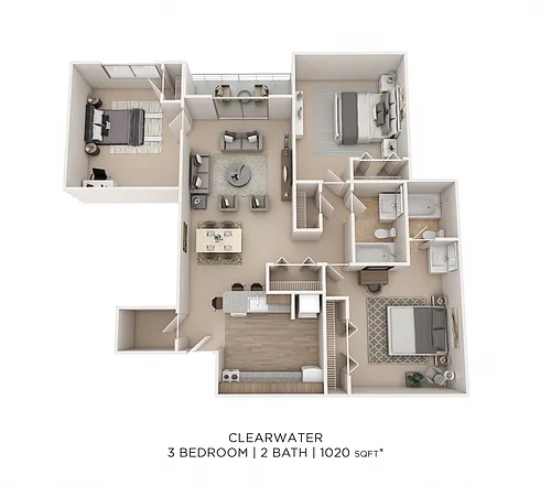 Floor plan Three Bedroom 2 Bath - 1,020 sqft