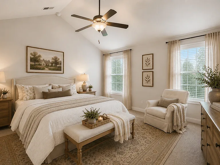 Serene primary suite with a plush king bed, refined finishes, and calming greeneryyour private retreat for rest and relaxation.