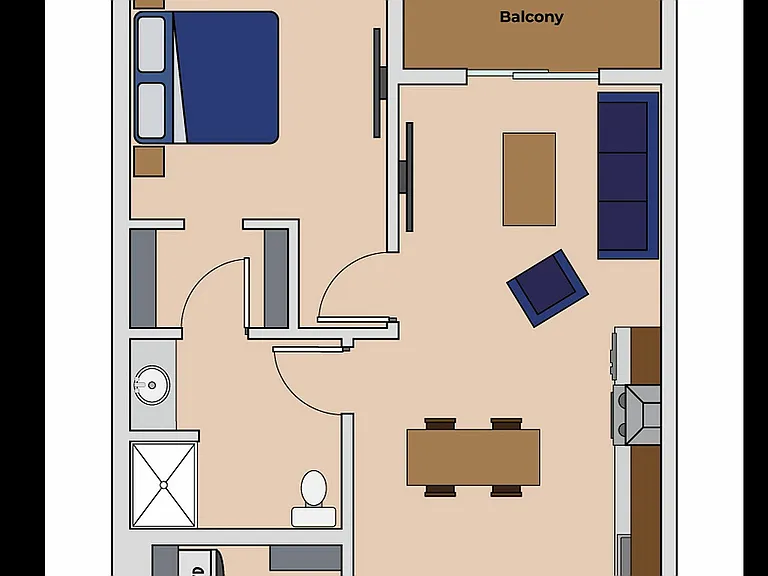 Modern 1 bed, 1 bath floor plan with open living area, balcony access, and efficient kitchen, totaling 647 sq ft. Modern 1 bed, 1 bath floor plan with open living area, balcony access, and efficient kitchen, totaling 647 sq ft.