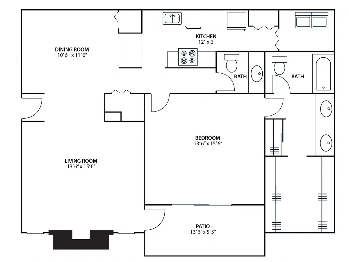 Floor plan 1BR 1.5BA (1070 SF)