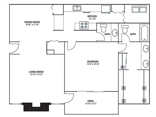 Floor plan 1BR 1.5BA (1070 SF)