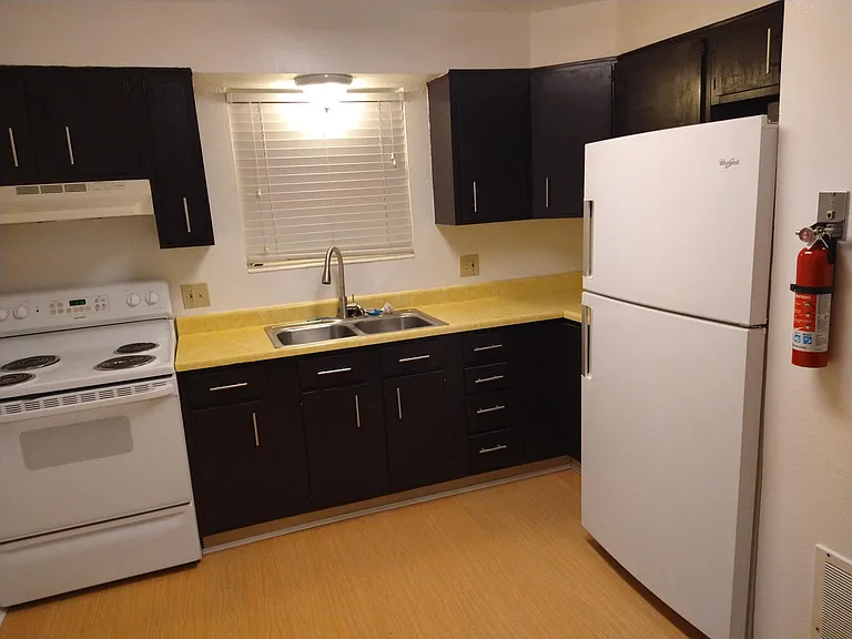 Kitchen, newly refurbished, large refrigerator, electric stove with hood, garbage disposal, lazy Susan, Window blinds, and vinyl flooring for easy cleaning. Brand new sink and kitchen faucet with spray attachment.
