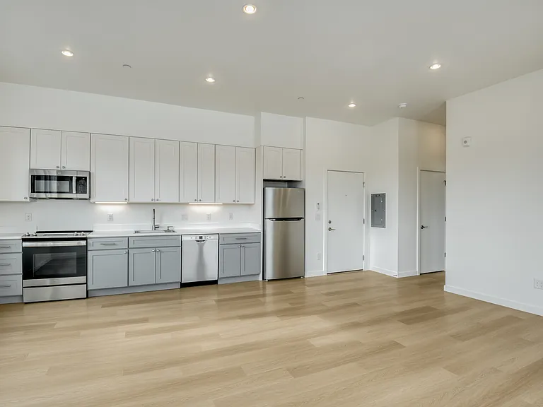 10 ft high ceilings. White oak LVP flooring