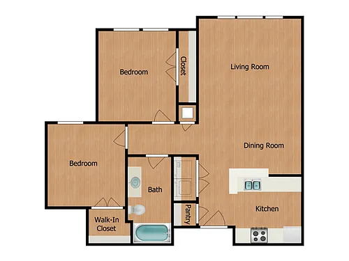 Floor plan 2 Bed, 1 Bath B (50% Income Restricted)