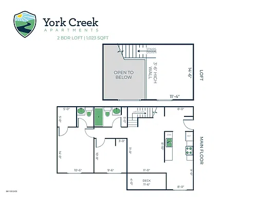 Floor plan 2 Bed, 1.5 Bath Loft - 1,023 sq ft