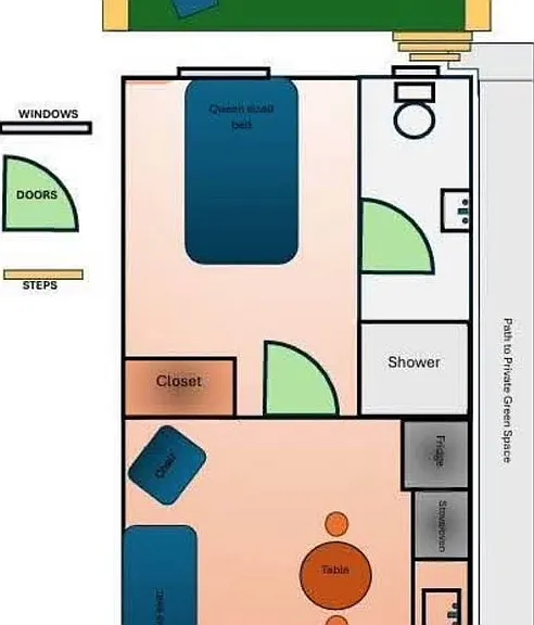 This photo shows the cabin floor plan, along with images to show how it could look with furniture.