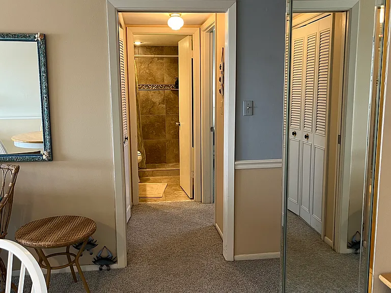 Looking from living are to guest suite. Bedroom on the left. Bathroom straight ahead.