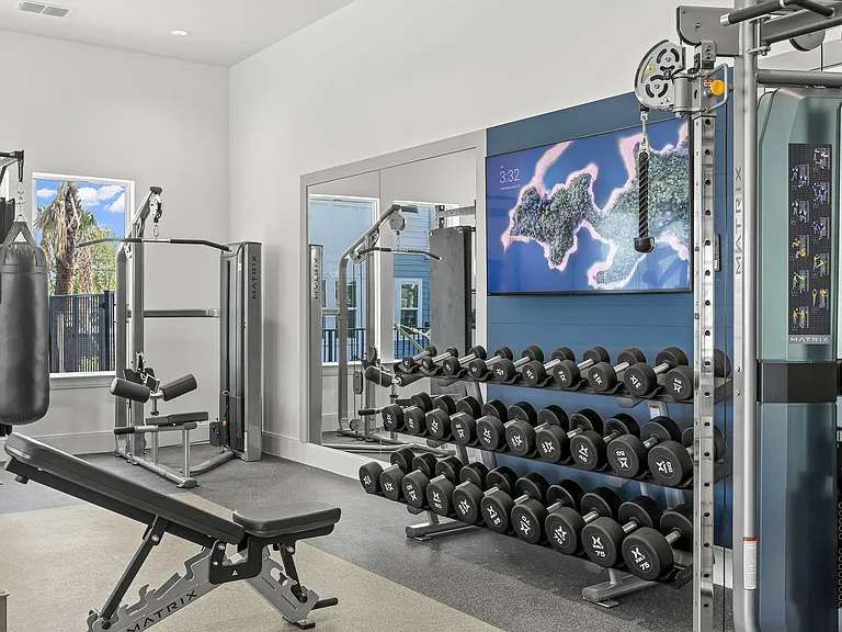 Fitness center fully stocked with free weights
