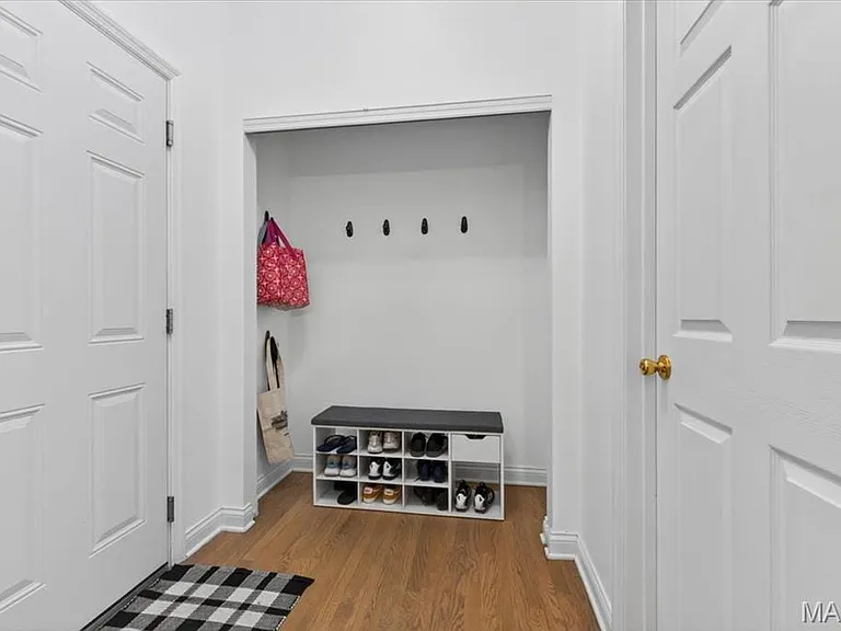 Entryway featuring wood-finish flooring, white paneled doors, and a recessed alcove