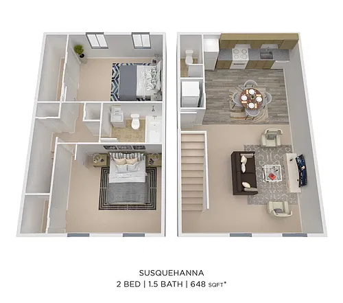 Floor plan Two Bedroom 1.5 Bath - 648 sqft