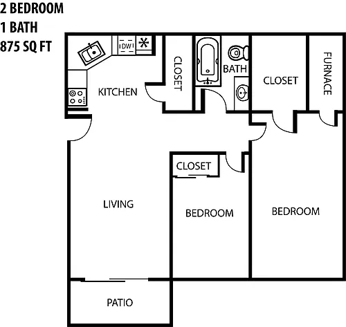 Floor plan 2 Bedroom 1 Bath- Patio or Balcony