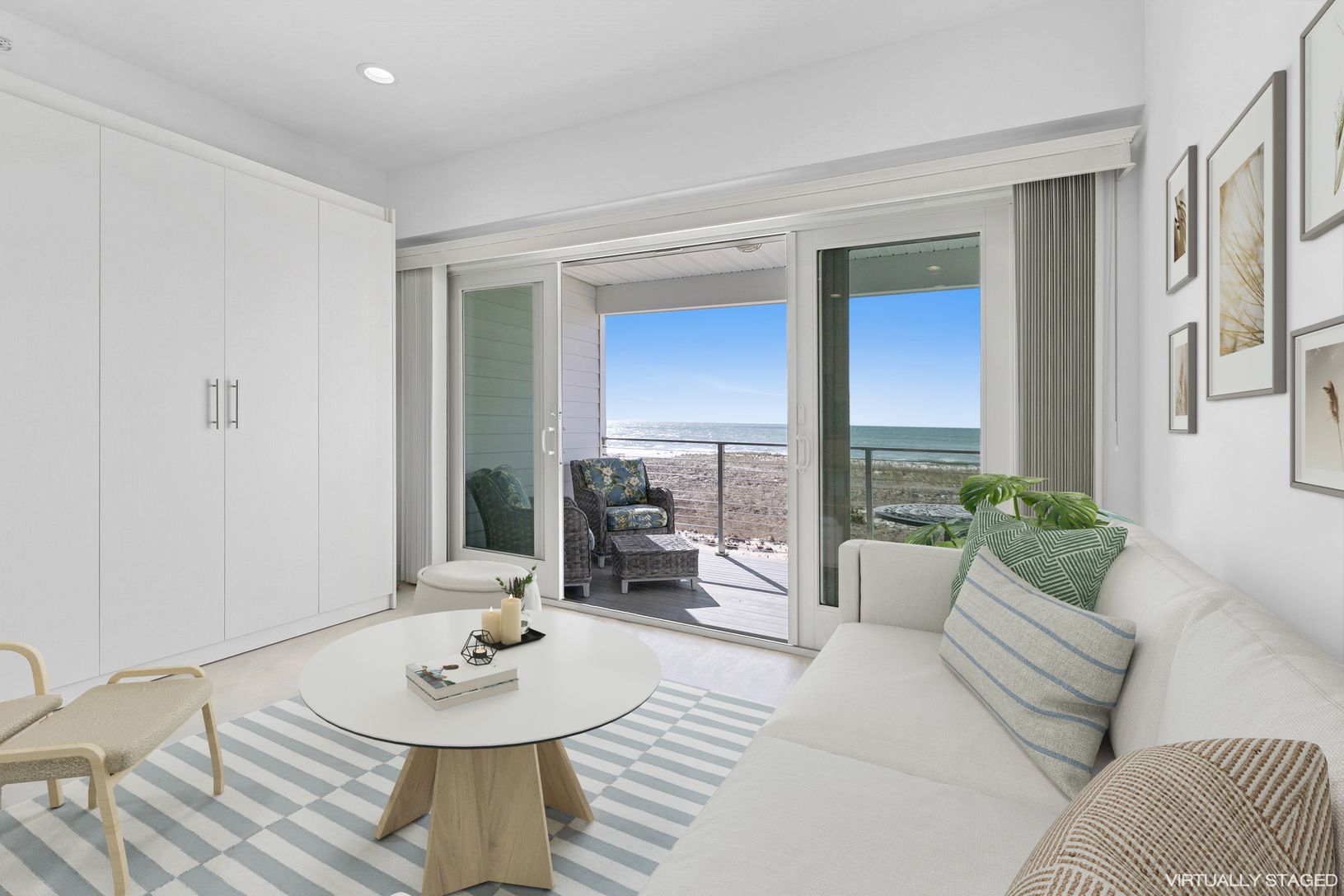  Private beck view to ocean and beach from living room. Virtually staged.