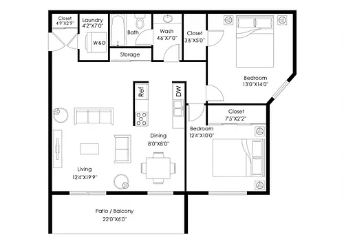 Floor plan B2R (Stainless Steel Appliances, In-Unit Laundry)