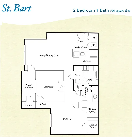 Floor plan B1 - St. Bart - Two Bedroom, One Bathroom