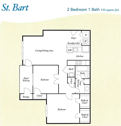 Floor plan B1 - St. Bart - Two Bedroom, One Bathroom