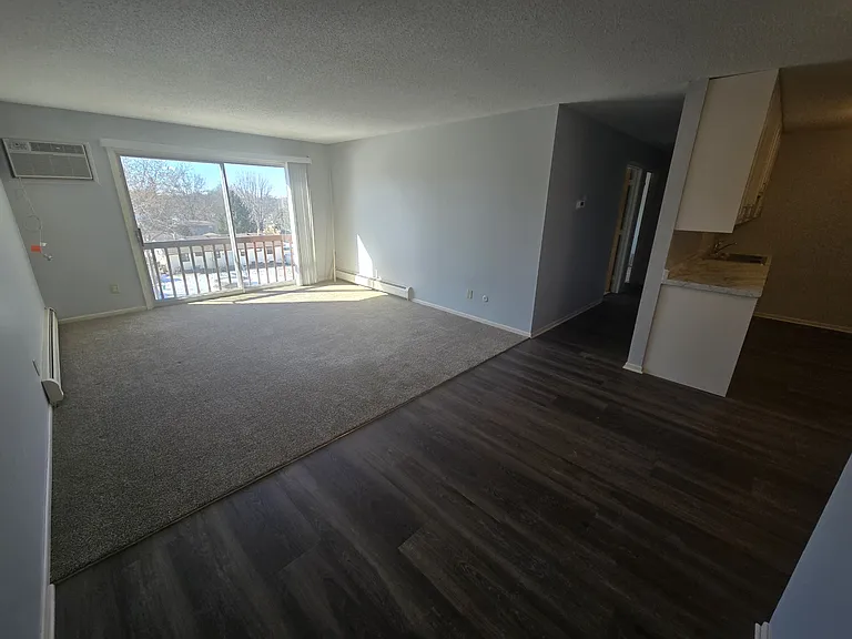 Living room with a great view and AC. New carpet and LVP flooring throughout the unit.
