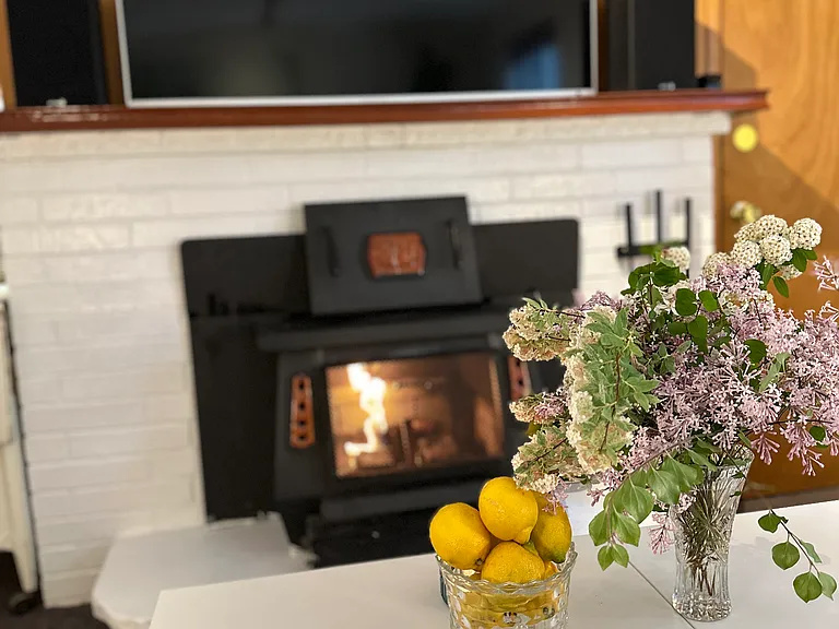 Envirologs are used in this older fireplace located just under the smart TV.