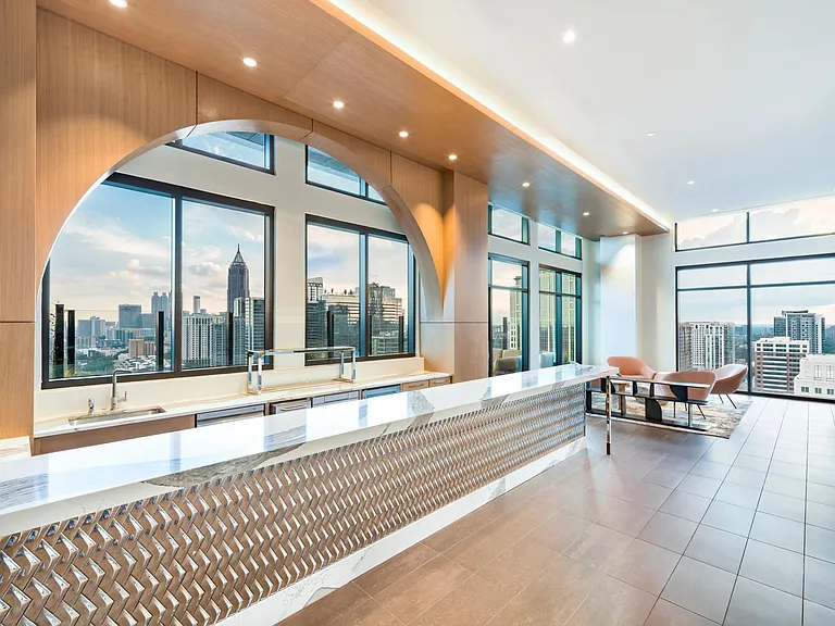 A light-filled sky lounge at Modera Parkside in Atlanta showcases skyline views and refined design, placing Midtown energy just outside your door.