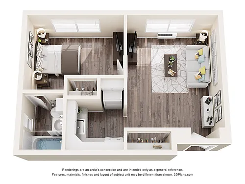 Floor plan College Manor One Bedroom- Corner View w/ Wood Fl