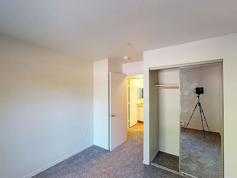 Spacious apartment bedroom with plush carpet flooring.