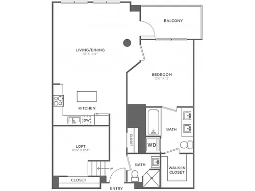 Floor plan One Bedroom Two Bath w/Loft (960 SF)