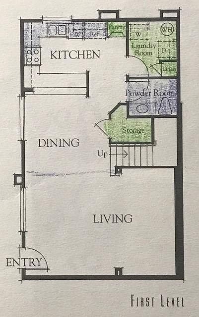 First level : kitchen, storage, spacious laundry room (hook ups for washer and dryer) with linen storage, powder room (1/2 bath), spacious dinning room and living room.