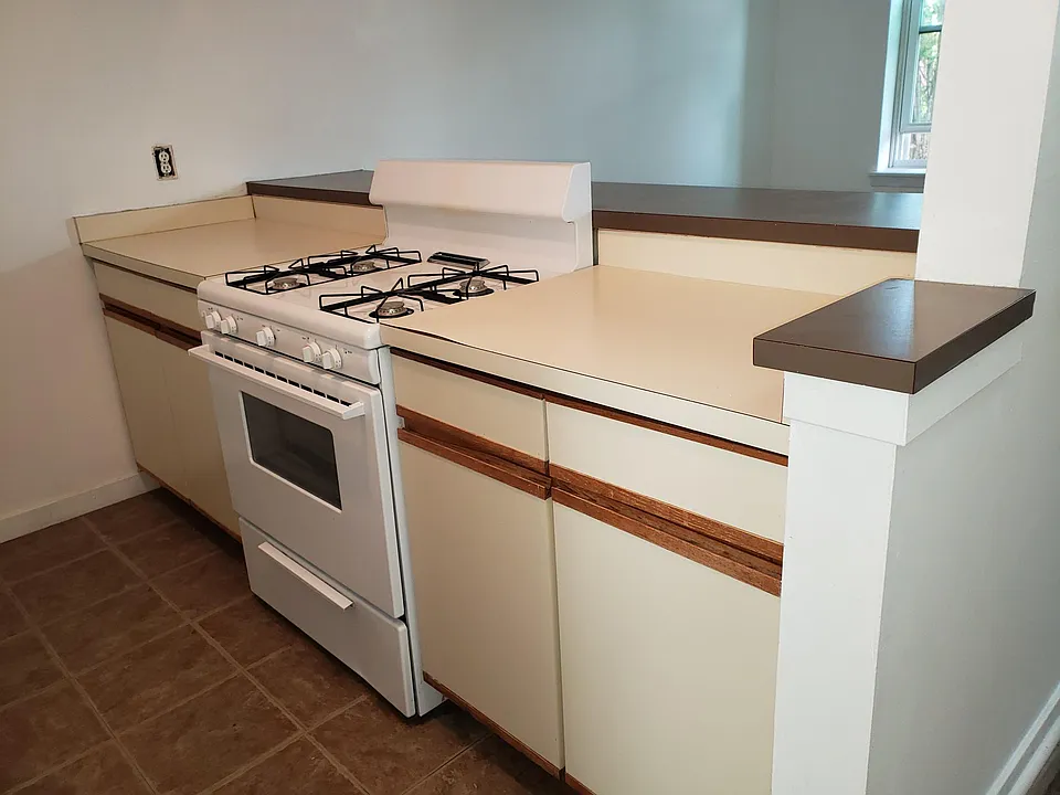 Lots of cabinets. Gas stove.