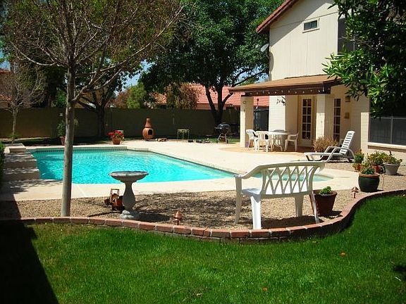 Refreshing backyard oasis with fruit trees