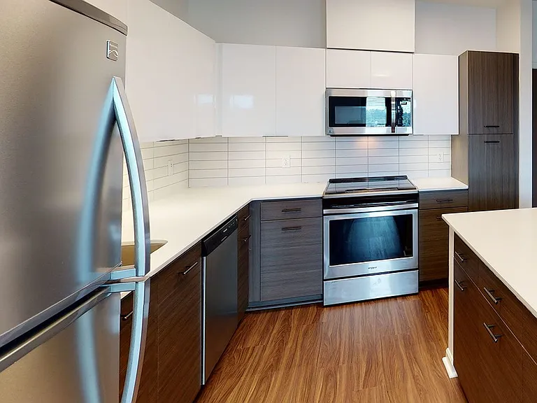 Apartment kitchen with stainless steel appliances, quartz countertops and wood-style flooring.