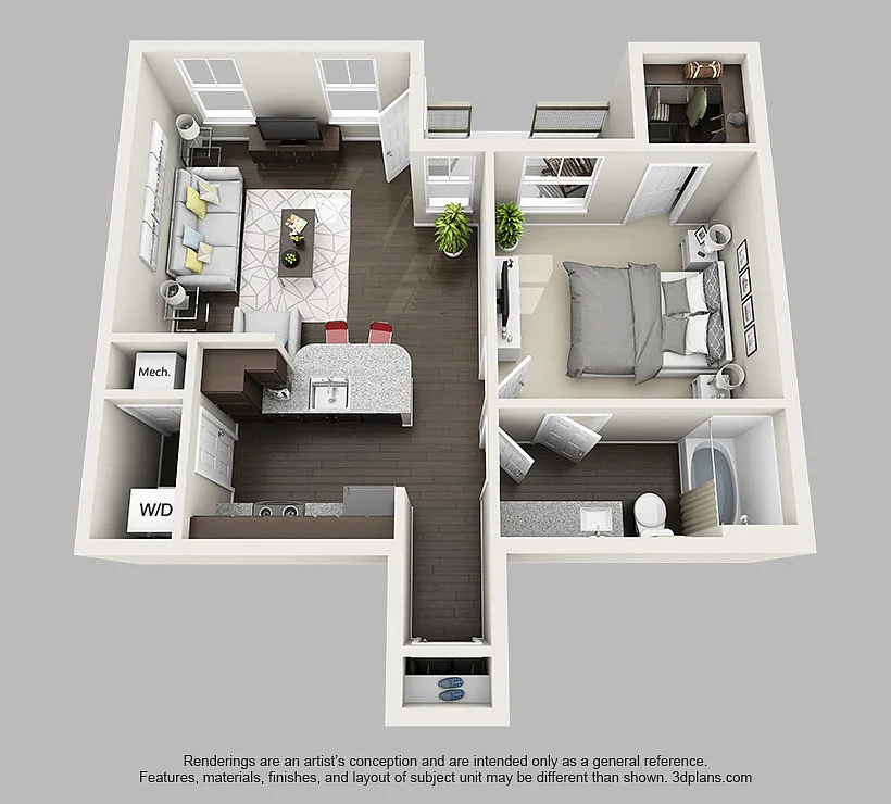 Floor plan 1 Bedroom 1 Bathroom Apartment with 719 Square Fee